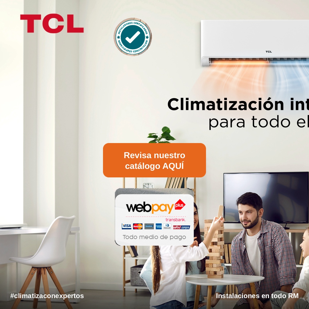 Climatización inteligente para todo el año: aire acondicionado split muro TCL en un living. M&U instala en toda la Región Metropolitana.