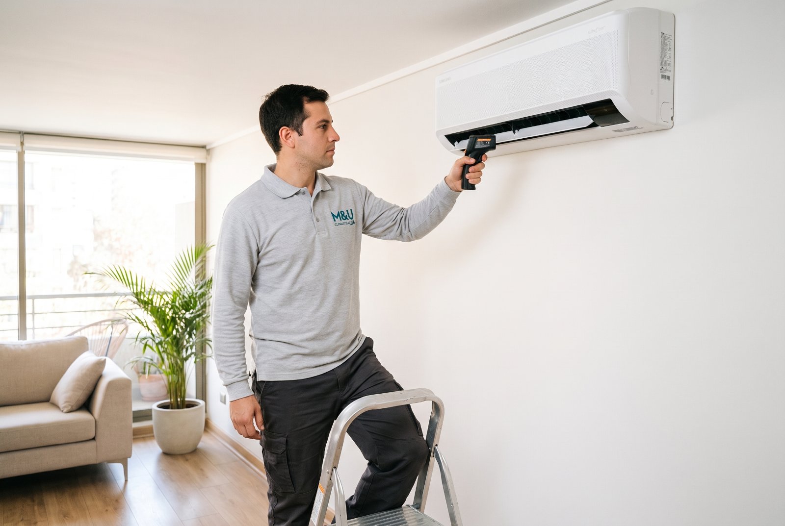 Técnico de M&U midiendo un aire acondicionado recién instalado en un departamento de Santiago