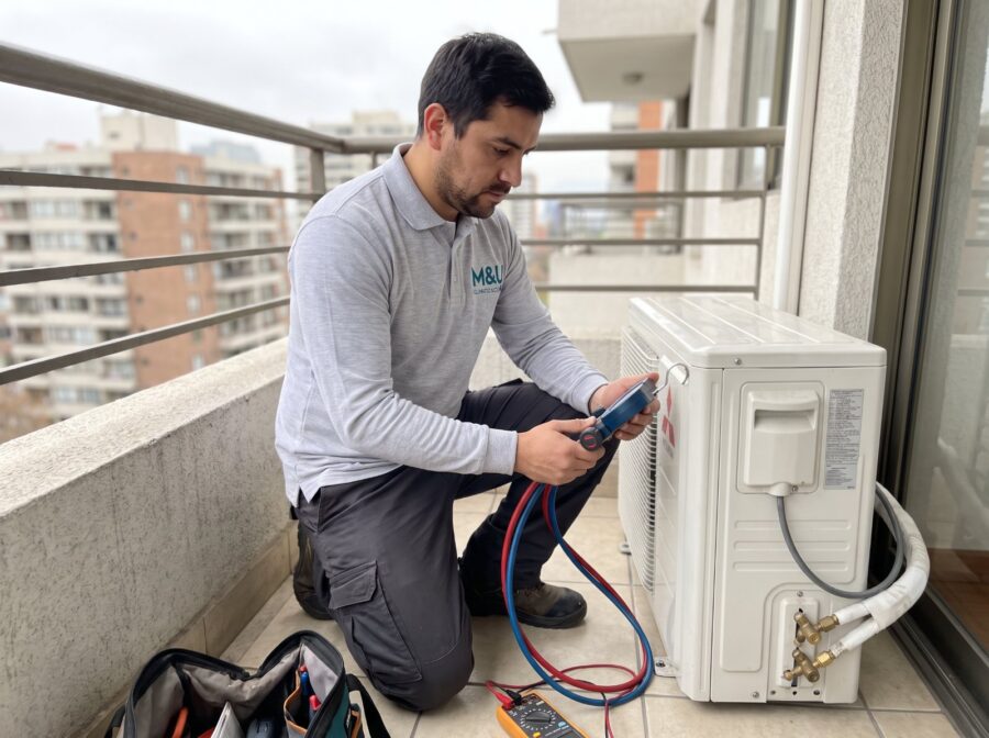 Tecnico de M&U midiendo presiones con manometros en la unidad exterior durante una reparacion