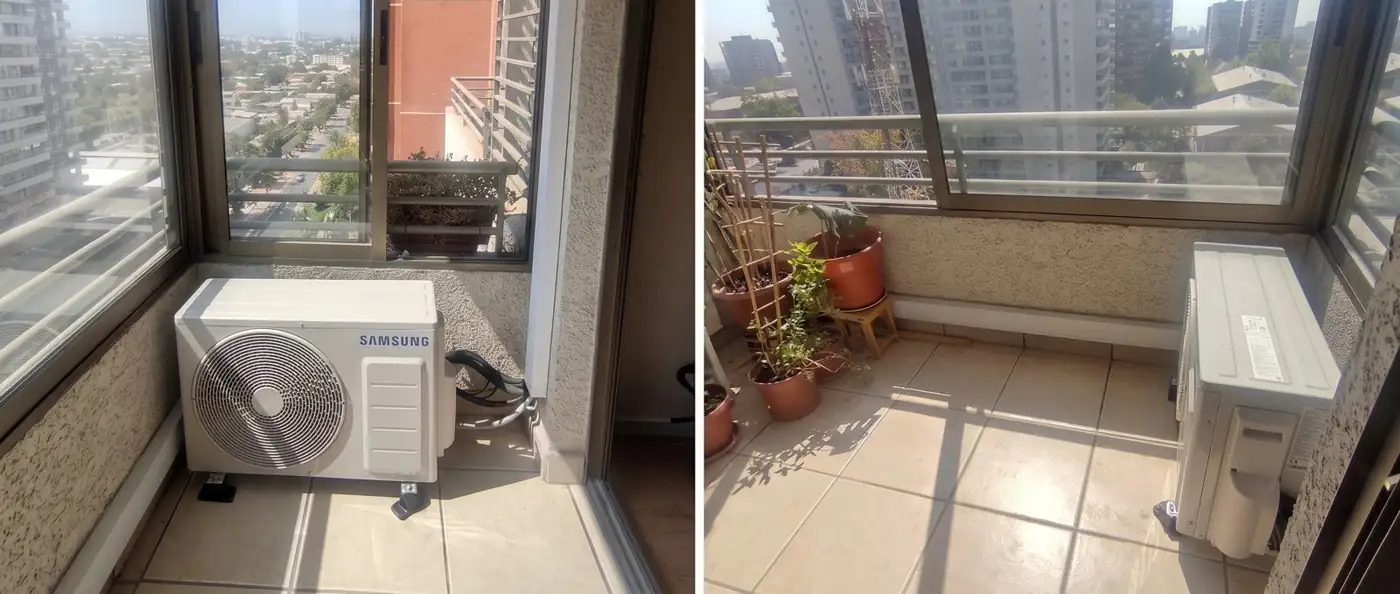 Unidad exterior de un multisplit Samsung instalada en la terraza de un departamento en Santiago, vista desde dos ángulos